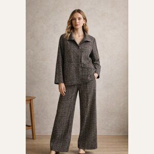 Habitat Blazer Pants Set Women's Size XS Extra Small Plaid Wide Leg Brown